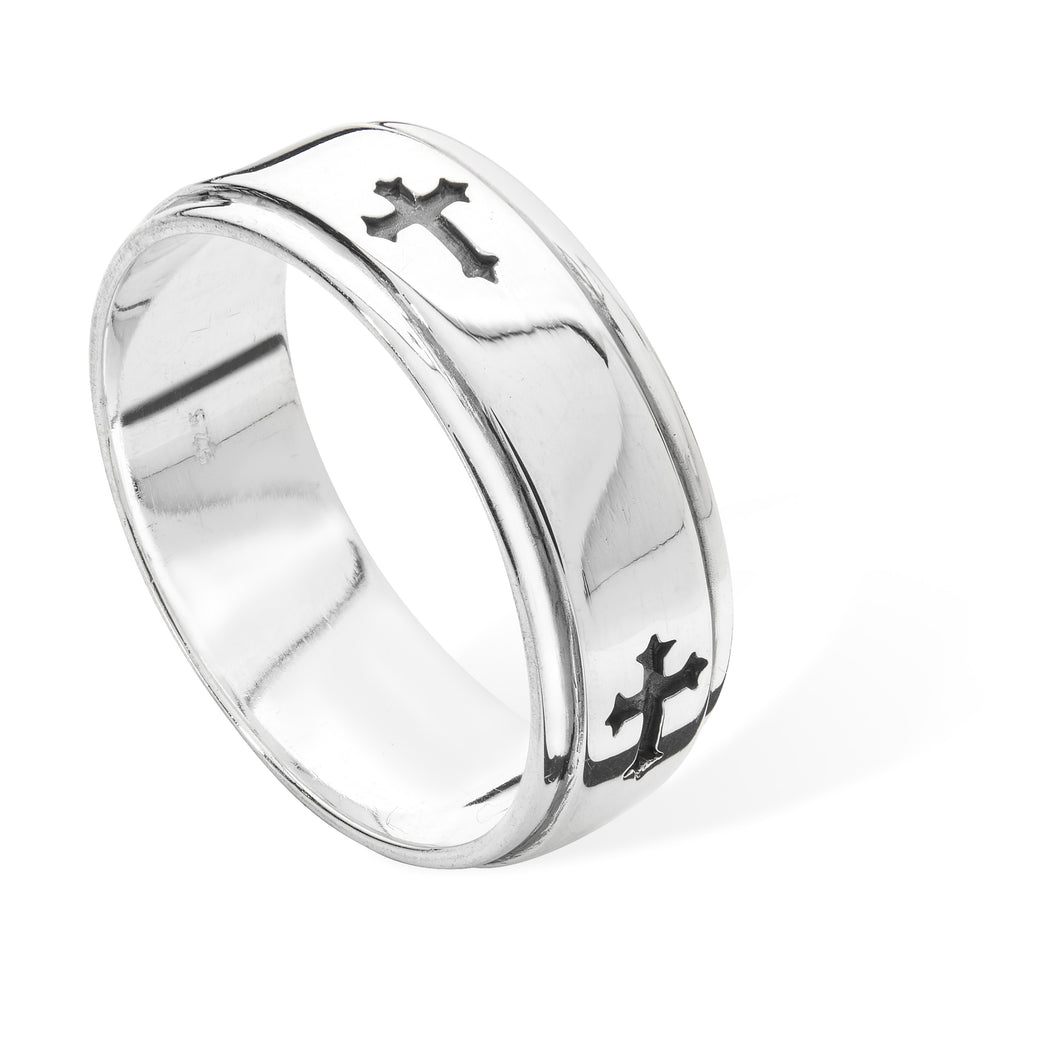 Gents Sterling Silver Band with Cross Design Ring SKU 0235014