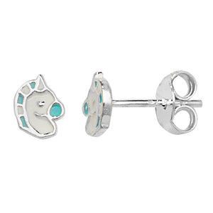 Sterling Silver White & Blue Enamel Unicorn Stud Earrings SKU 0306013