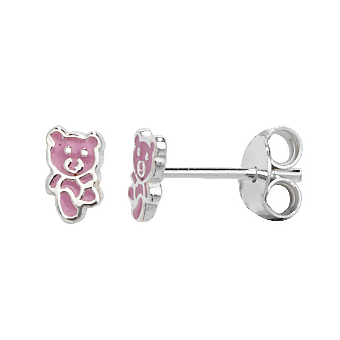 Sterling Silver Pink Enamel Small Teddy Stud Earrings SKU 0306015