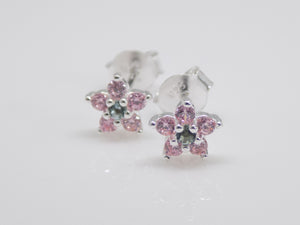 Sterling Silver Pink & White CZ Flower Stud Earrings SKU 0307003