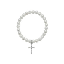 Load image into Gallery viewer, Sterling Silver White Synthetic Pearl &amp; CZ Cross Charm Bracelet SKU 0333005
