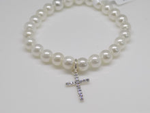 Load image into Gallery viewer, Sterling Silver White Synthetic Pearl &amp; CZ Cross Charm Bracelet SKU 0333005
