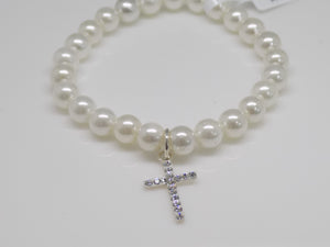 Sterling Silver White Synthetic Pearl & CZ Cross Charm Bracelet SKU 0333005