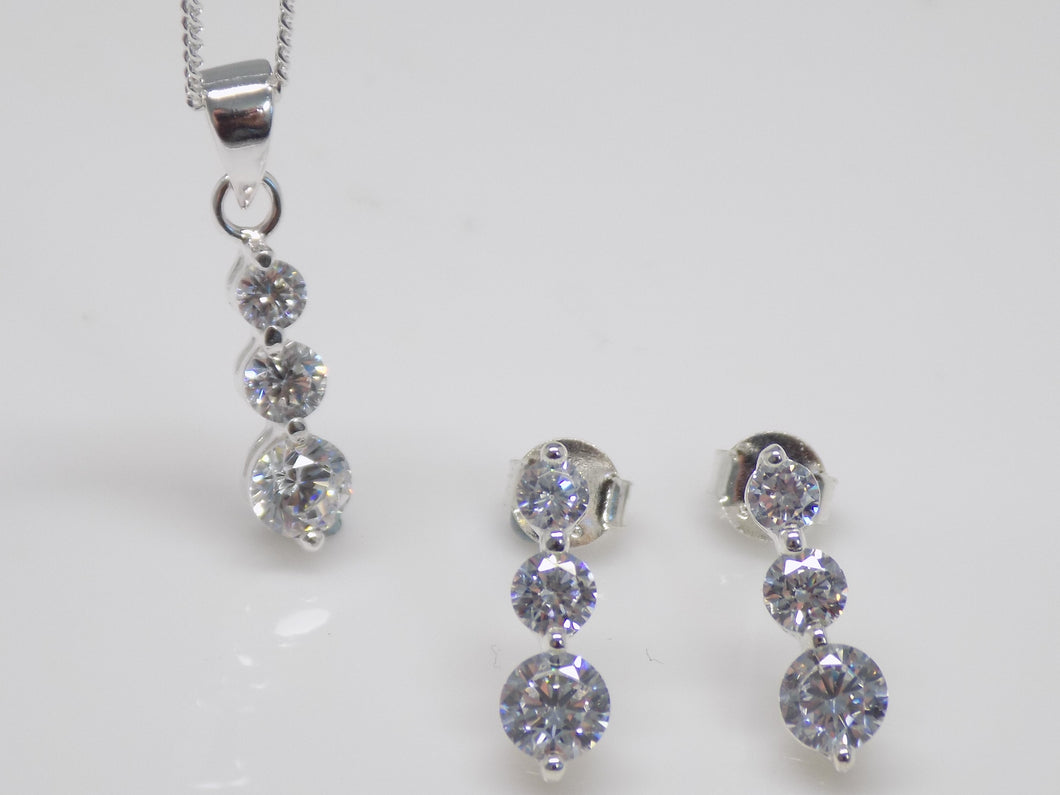 Sterling Silver Claw Set 3 CZ Pendant and Earring Set SKU 0501007