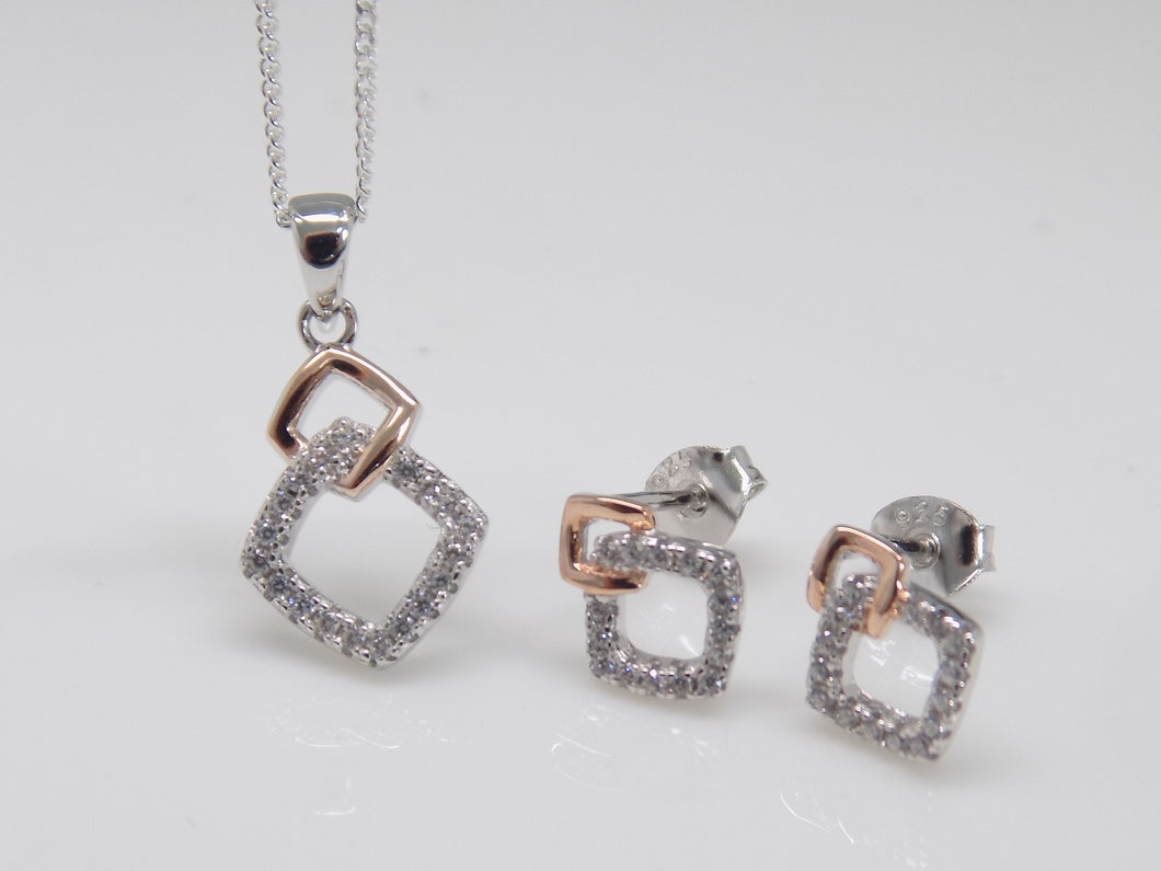Sterling Silver and Rose Plate Fancy Open Square Pendant and Earring Set SKU 0501031