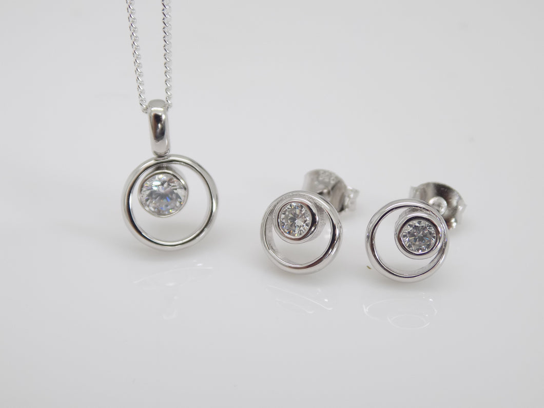 Sterling Silver Open Circle and CZ Pendant and Earring Set SKU 0501043