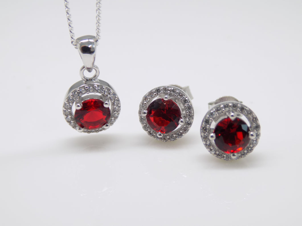 Sterling Silver Round Red CZ & Halo CZ Pendant & Earrings Set SKU 0501054