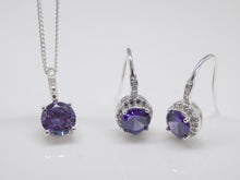 Load image into Gallery viewer, Sterling Silver Round Purple CZ &amp; CZ Pendant &amp; Earrings Set SKU 0501063
