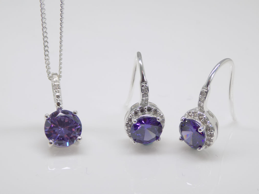 Sterling Silver Round Purple CZ & CZ Pendant & Earrings Set SKU 0501063