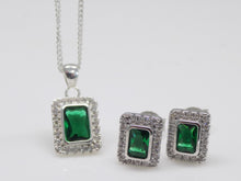 Load image into Gallery viewer, Sterling Silver Green CZ &amp; CZ Rectangular Halo Pendant &amp; Earring Set SKU 0501064
