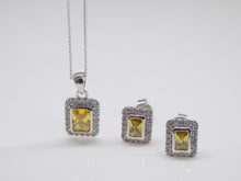Load image into Gallery viewer, Sterling Silver Yellow Rectangle CZ &amp; Halo CZ Pendant &amp; Earrings Set SKU 0501065
