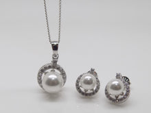 Load image into Gallery viewer, Sterling Silver Halo CZ &amp; Synthetic Pearl Pendant &amp; Earrings Set SKU 0501066
