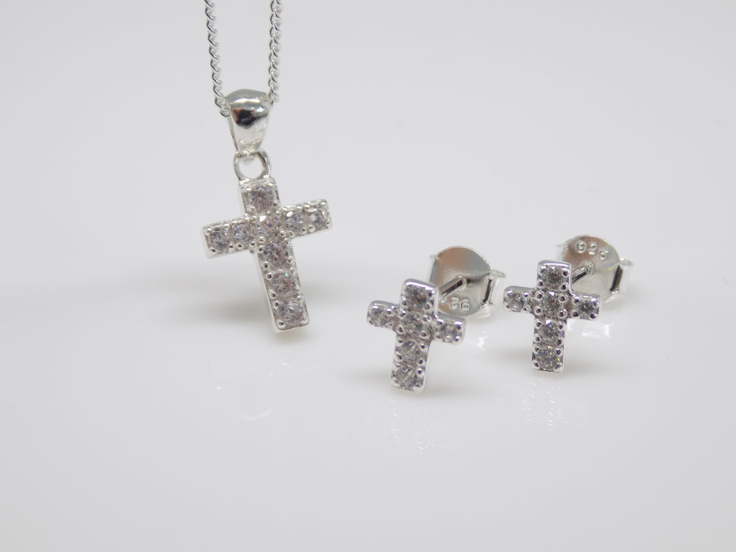 Sterling Silver CZ Cross Pendant & Earrings Set SKU 0501171