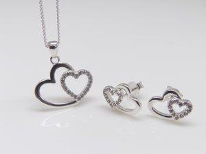 Sterling Silver Plain & CZ Double Heart Pendant & Earrings Set SKU 0501214