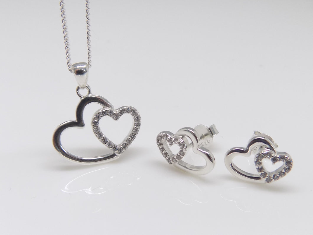 Sterling Silver Plain & CZ Double Heart Pendant & Earrings Set SKU 0501214