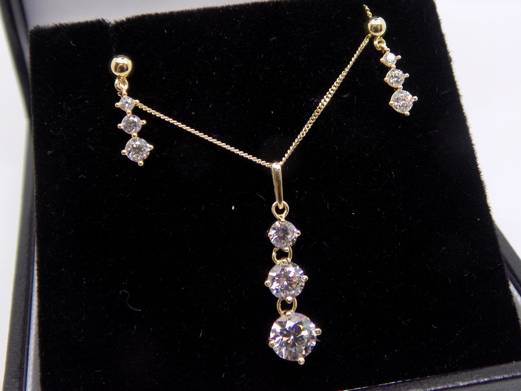 9ct Yellow Gold 3 CZ Drop Pendant & Earrings Set SKU 0601013