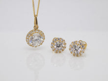 Load image into Gallery viewer, 9ct Yellow Gold CZ Halo Pendant &amp; Earrings Set SKU 0601016
