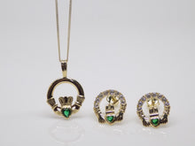 Load image into Gallery viewer, 9ct Yellow Gold Green CZ &amp; CZ Claddagh Pendant &amp; Earrings Set SKU 0601020
