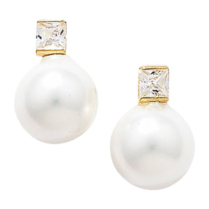 9ct Yellow Gold 7MM Synthetic Pearl & Square CZ Stud Earrings SKU 1507019