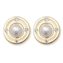 Load image into Gallery viewer, 9ct Yellow Gold Synthetic Pearl &amp; CZ Circles Stud Earrings SKU 1507067
