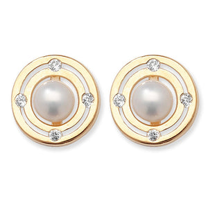 9ct Yellow Gold Synthetic Pearl & CZ Circles Stud Earrings SKU 1507067
