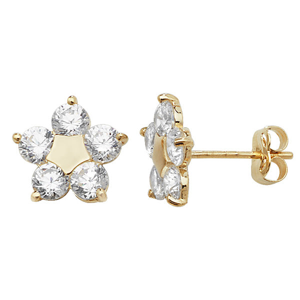 9ct Yellow Gold Plain Centre CZ Outer Flower Stud Earrings SKU 1507082