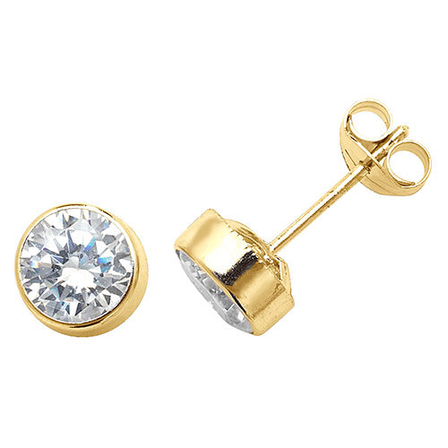 9ct Yellow Gold Rubover Round CZ Stud Earrings SKU 1507108