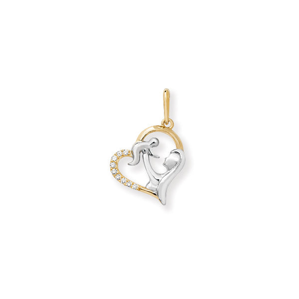 9ct Yellow and White Gold Mother and Child Semi CZ Heart Pendant SKU 1512024