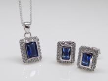 Load image into Gallery viewer, Sterling Silver Rectangle Blue CZ Pendant &amp; Earring Set SKU 0501051
