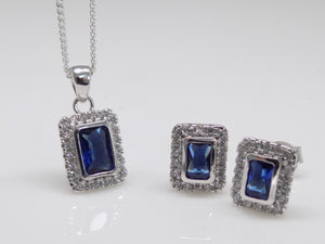 Sterling Silver Rectangle Blue CZ Pendant & Earring Set SKU 0501051