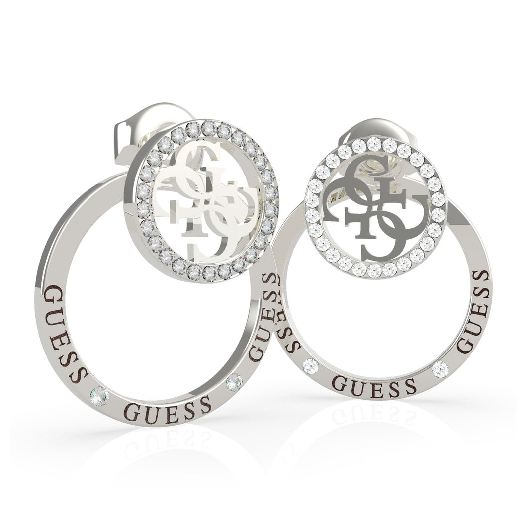 Guess Earrings Silver Tone Stainless Steel Double Circle G Logo, Crystal SKU 3001199