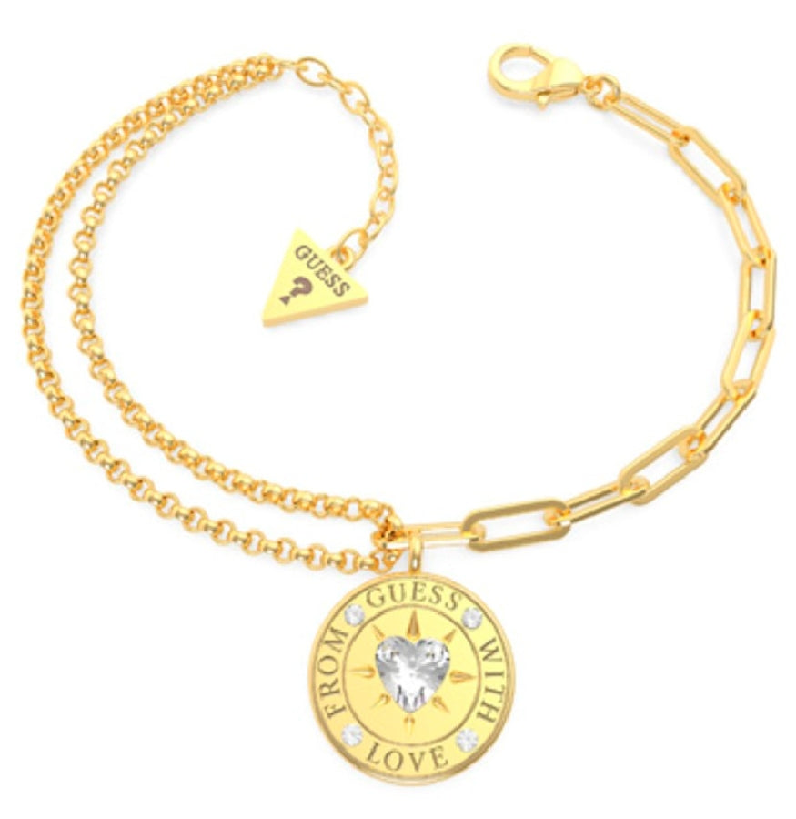 Guess Bracelet Large Link Small Link, Stone Set Disc, Stainless Steel Yellow Tone SKU 3001243
