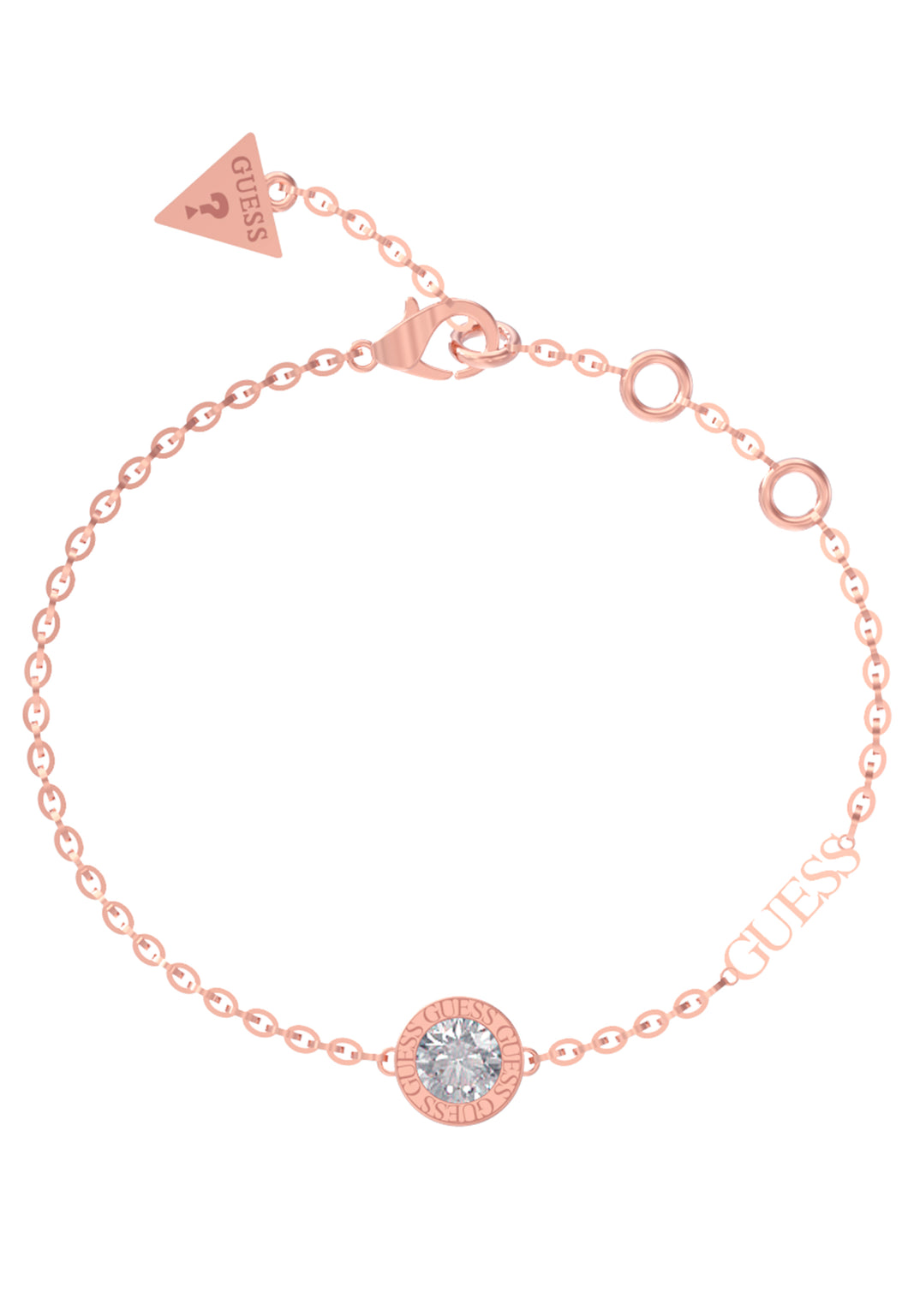 Guess Bracelet, Rose Tone Steel, Single Clear Stone, Guess Script SKU 3001470