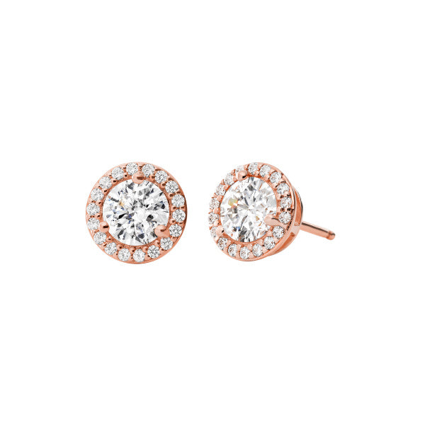 Michael Kors Earrings Sterling Silver Rose Gold Plated, CZ Halo SKU 3010016