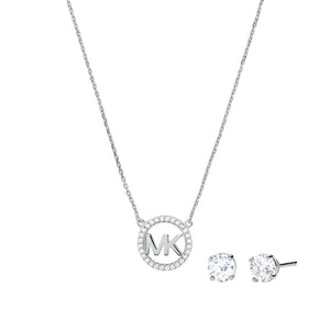 Michael Kors Sterling Silver CZ Circle MK Pendant & CZ Stud Earrings Set SKU 3010054