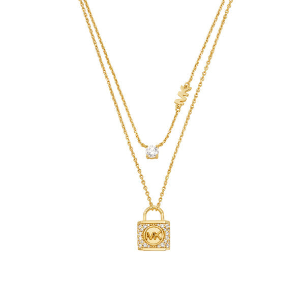 Michael Kors Sterling Silver gold finish CZ Padlock layer necklace SKU 3010056