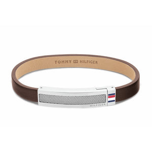 Gents Brown Leather & Stainless Steel Silver Tone Bar Bracelet SKU 3016047