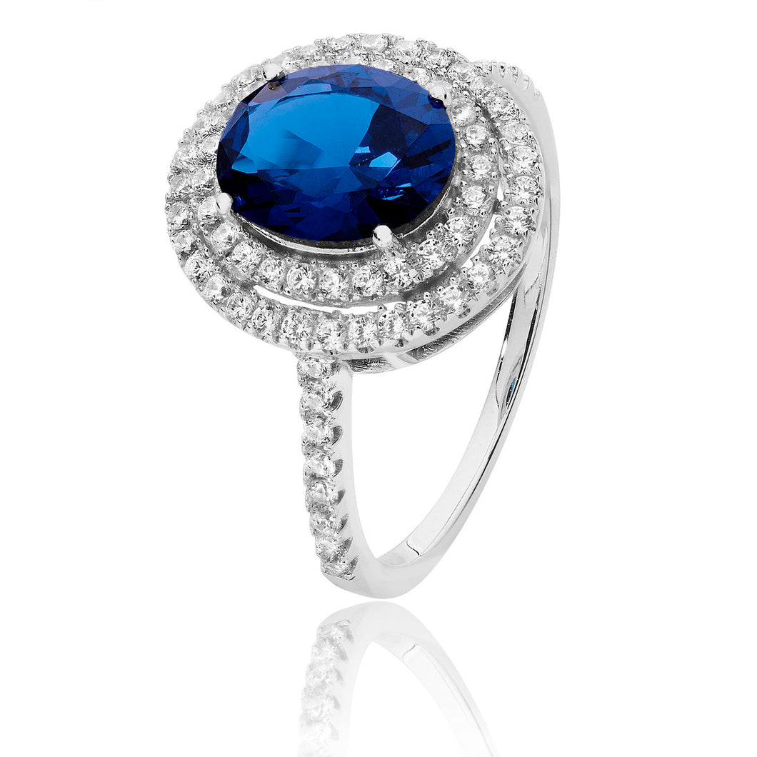 Sterling Silver Oval Blue CZ Halo Ring SKU 3043008