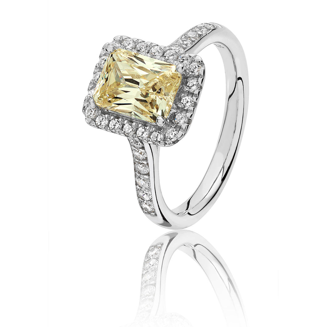 Sterling Silver Rectangle Yellow CZ Halo Ring SKU 3043012