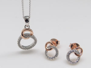 Sterling Silver CZ, Rose Gold Plate Double Circle Pendant & Earring Set SKU 0501220