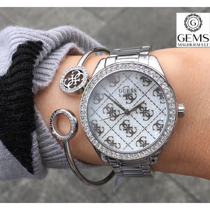 Guess Watch Stainless Steel Silver Tone Strap G Logo Sparkle Dial SKU 4001132