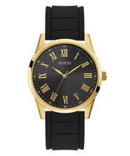 Load image into Gallery viewer, Gents Guess Watch, Black Rubber Strap, Stainless Steel Gold Tone Dial SKU 4001206
