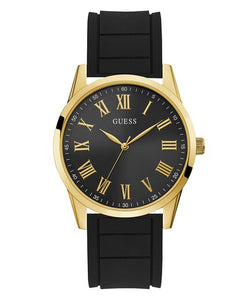 Gents Guess Watch, Black Rubber Strap, Stainless Steel Gold Tone Dial SKU 4001206