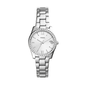 Fossil Ladies Watch Stainless Steel Silver Tone Bracelet Strap Stone Set Case Silver Tone Dial SKU 4002014