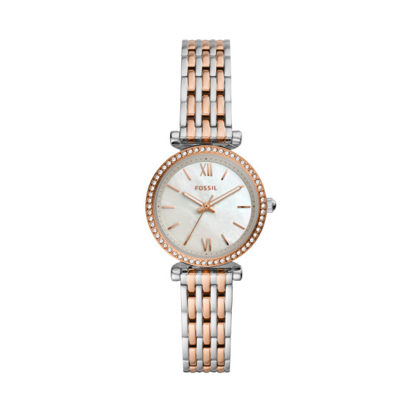 Fossil Ladies Watch Stainless Steel Silver & Rose Tone Strap MOP Dial SKU 4002015