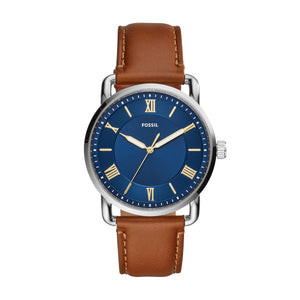 Fossil Gents Watch Brown Leather Strap Navy Dial, Gold Tone Indexes SKU 4002029