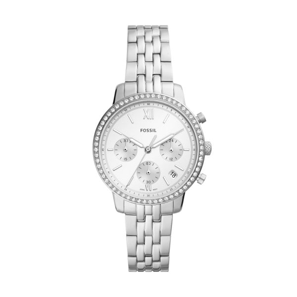 Fossil Ladies Silver Tone Stainless Steel Strap, CZ Case, Date, Mini Dials SKU 4002044