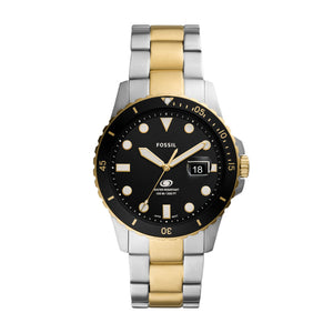 Fossil Gents Stainless Steel Gold/Silver 2 Tone Strap, Black Tone Case Black Dial, Date SKU 4002047