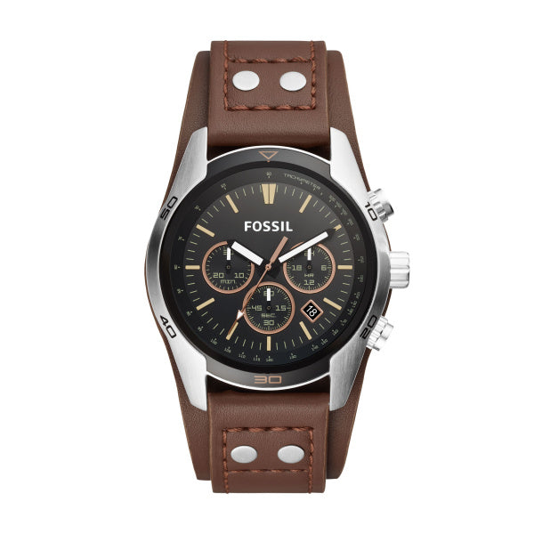 Fossil Gents Watch Brown Leather Cuff Strap Black Dial, Multi Dials, Date SKU 4002101
