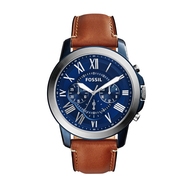 Fossil Gents Watch Tan Leather Strap, Blue Dial, Multi Dials, Roman Numerals SKU 4002194